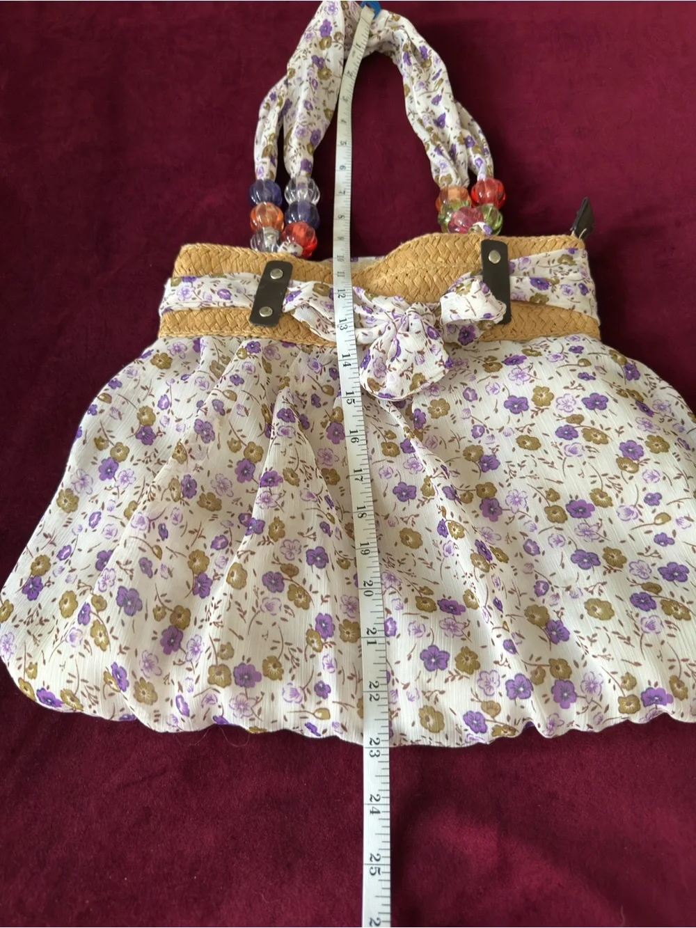 Floral Bubble Tote Bag with Beaded Handles - Cream and Lavender